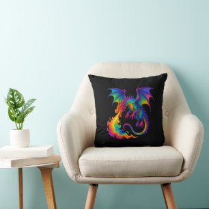 Rainbow dragon breathing colourful flames fantasy cushion