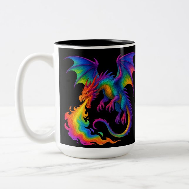 Rainbow dragon breathing colourful flames fantasy Two-Tone coffee mug (Left)