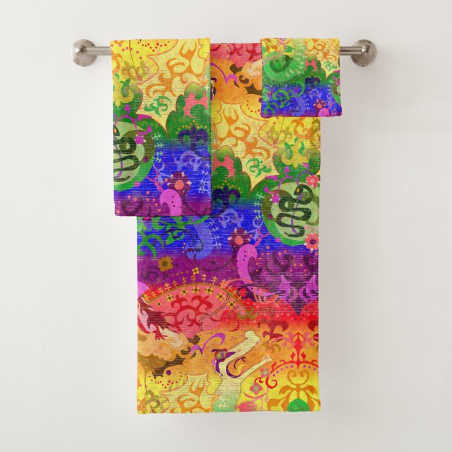 Rainbow Dragon Damask - Gay Pride Flag Colours Bath Towel Set (Insitu)