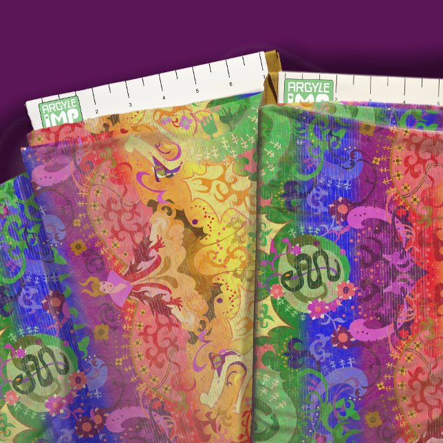 Rainbow dragon damask gay pride flag colours  fabric (close-up with ruler)