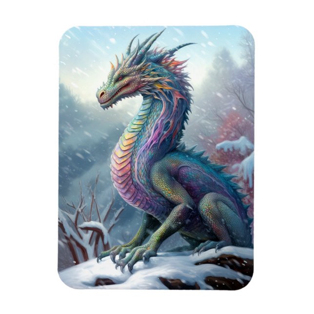 Rainbow Dragon In The Snow Fantasy Art Magnet (Vertical)