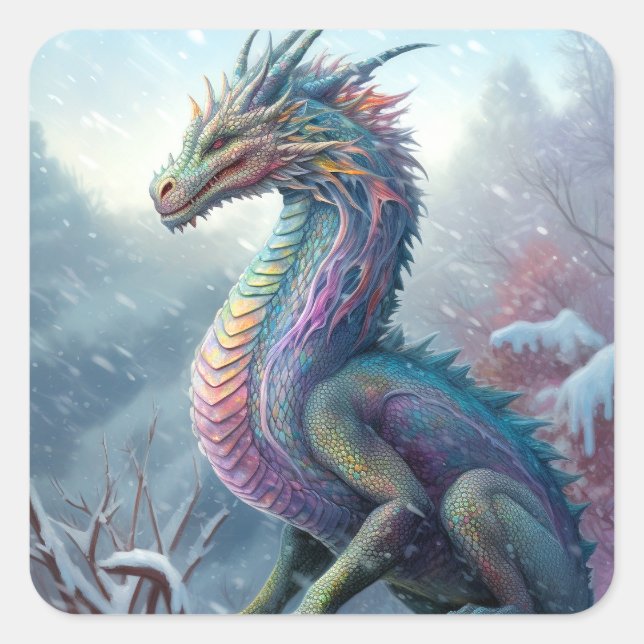 Rainbow Dragon In The Snow Fantasy Art Square Sticker (Front)