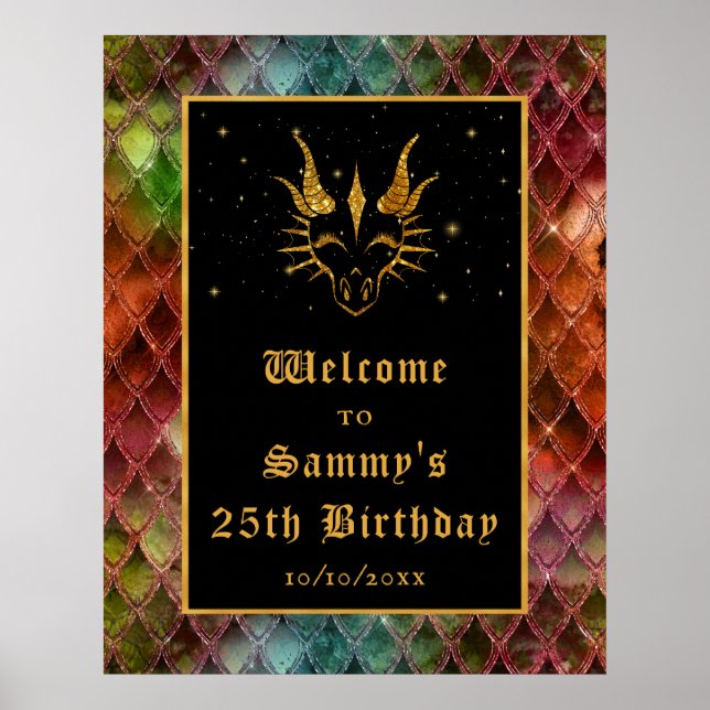 Rainbow Dragon Scales Gold Birthday Party Welcome Poster (Front)