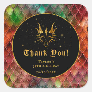 Rainbow Dragon Scales Gold Birthday Thank You Square Sticker