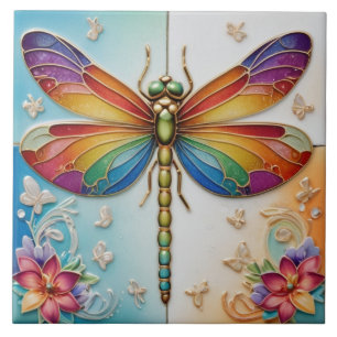 Rainbow Dragonfly - Colourful multicolor Ceramic Tile