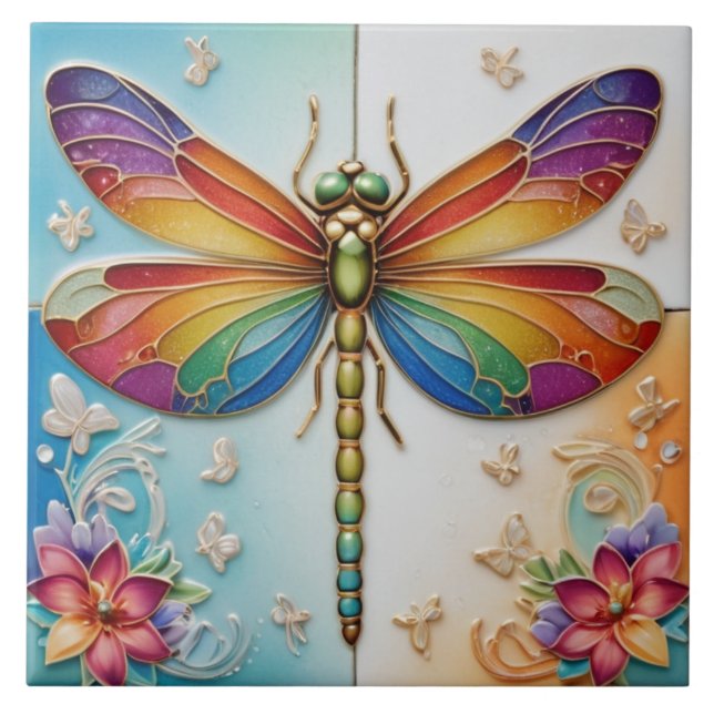 Rainbow Dragonfly - Colourful multicolor Ceramic Tile (Front)