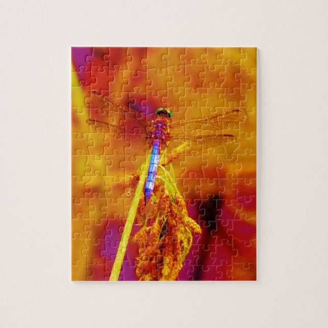 Rainbow Dragonfly on amber and fuschia Jigsaw Puzzle (Vertical)