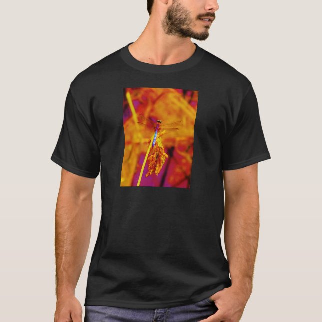 Rainbow Dragonfly on amber and fuschia T-Shirt (Front)