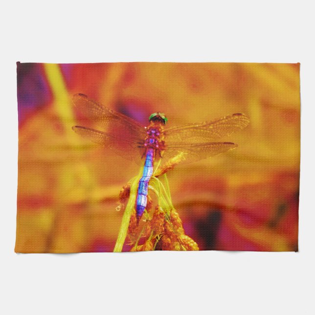 Rainbow Dragonfly on amber and fuschia Tea Towel (Horizontal)