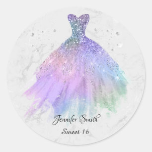 Rainbow dress silver glitter sweet sixteen classic round sticker