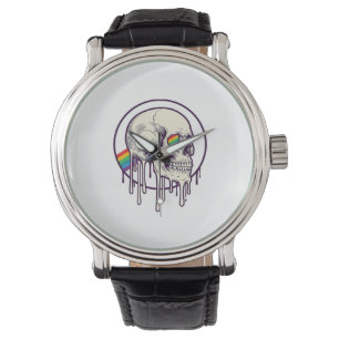 Rainbow Dripping Skull Vintage Engraving Design_1 Watch