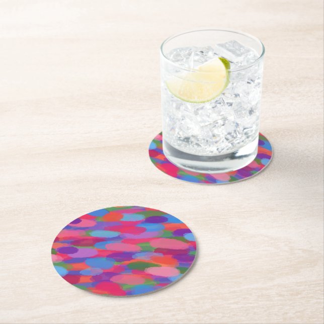 Rainbow Droplets Colourful Abstract Pattern Round Paper Coaster (Insitu)