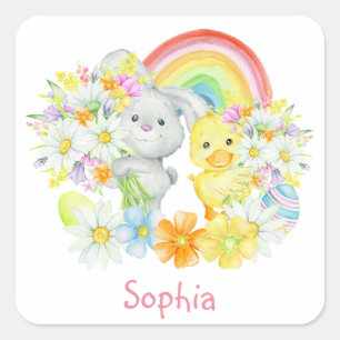 Rainbow Easter Bunny and Chick Square Sticker