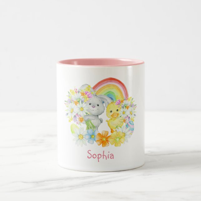 Rainbow Easter Bunny and Chick Two-Tone Coffee Mug (Center)