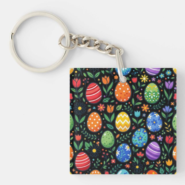 Rainbow Easter Eggs & Flowers Key Ring (Front)