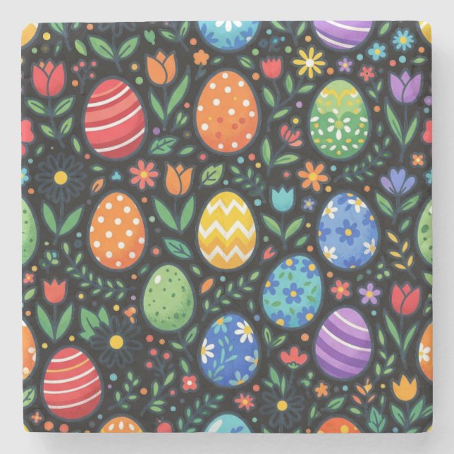 Rainbow Easter Eggs & Flowers Stone Coaster (Front)