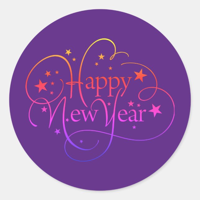 Rainbow Elegant Happy New Year Script Classic Round Sticker (Front)