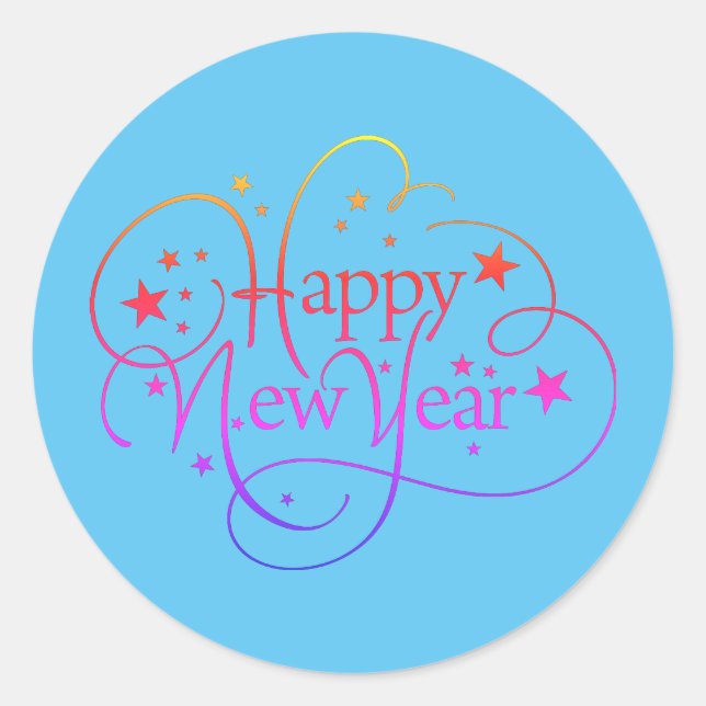 Rainbow Elegant Happy New Year Script Classic Round Sticker (Front)