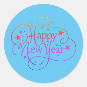 Rainbow Elegant Happy New Year Script Classic Round Sticker