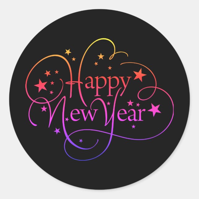 Rainbow Elegant Happy New Year Script Classic Round Sticker (Front)