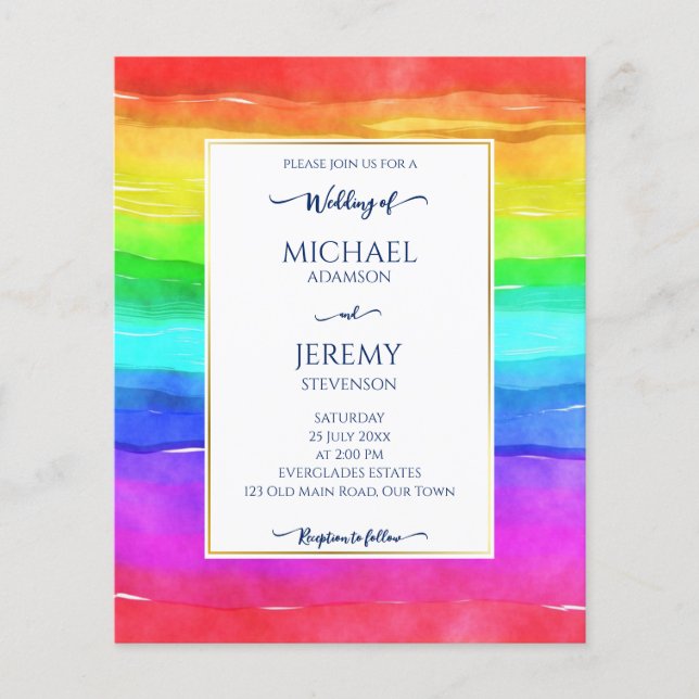 Rainbow elegant qr code budget wedding invitation (Front)