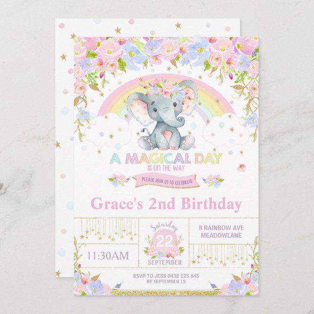 Rainbow Elephant Birthday Party Invitation Girl (Front/Back)