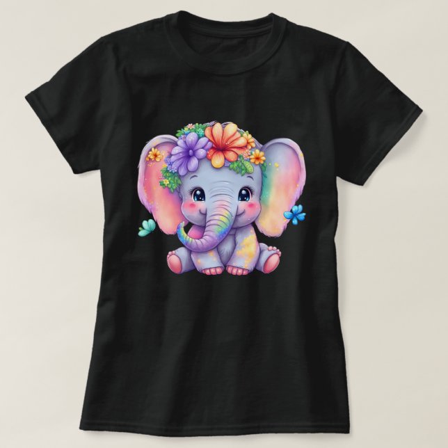  Rainbow Elephant With Floral Crown And Butterfly T-Shirt (Design Front)