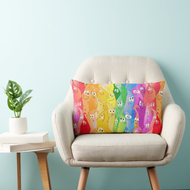 Rainbow Emoting Blob Cute Monsters in Pride Colour Lumbar Cushion (Chair)