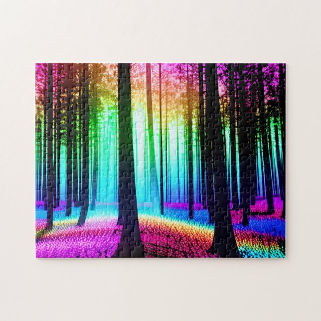 Rainbow Enchanted Forest & Black Tree Silhouette Jigsaw Puzzle (Horizontal)