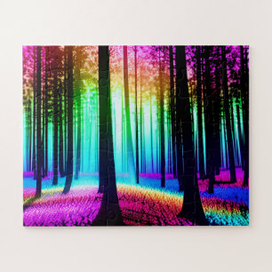 Rainbow Enchanted Forest with Tree Silhouettes Jigsaw Puzzle