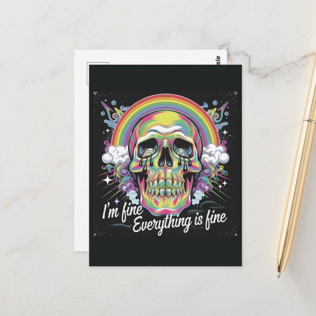 Rainbow Everything is Fine Crying Skull Postcard (Front/Back In Situ)