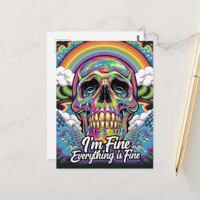Rainbow Everything is Fine Skull Postcard (Front/Back In Situ)
