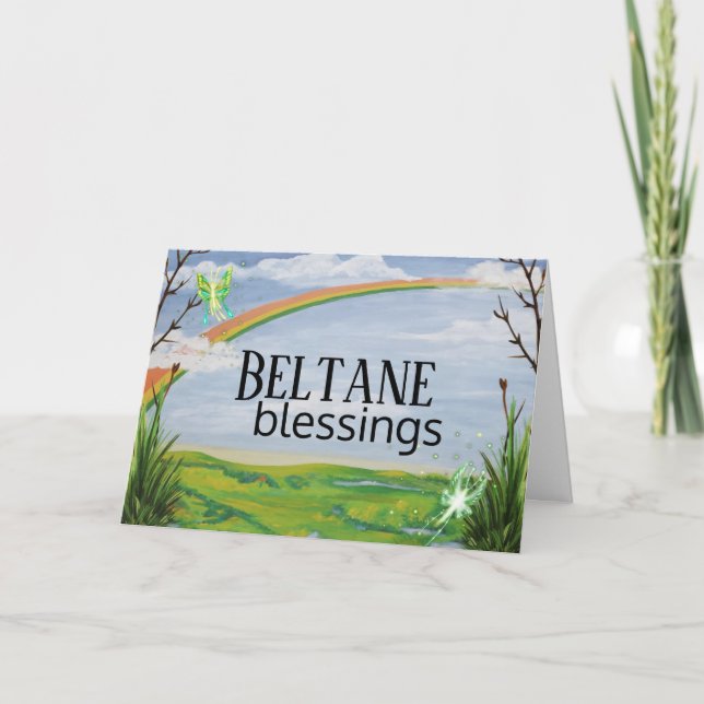 Rainbow & Fairies Beltane Blessings Holiday Card (Front)
