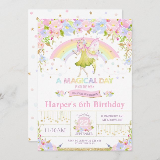 Rainbow Fairy Birthday Invitation Girl (Front/Back)