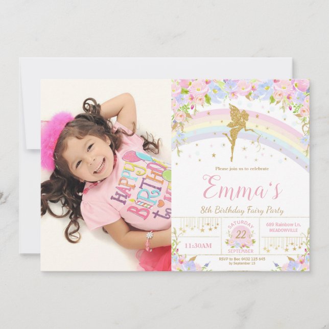 Rainbow Fairy Birthday Party Photo Picture Invitation (Front)