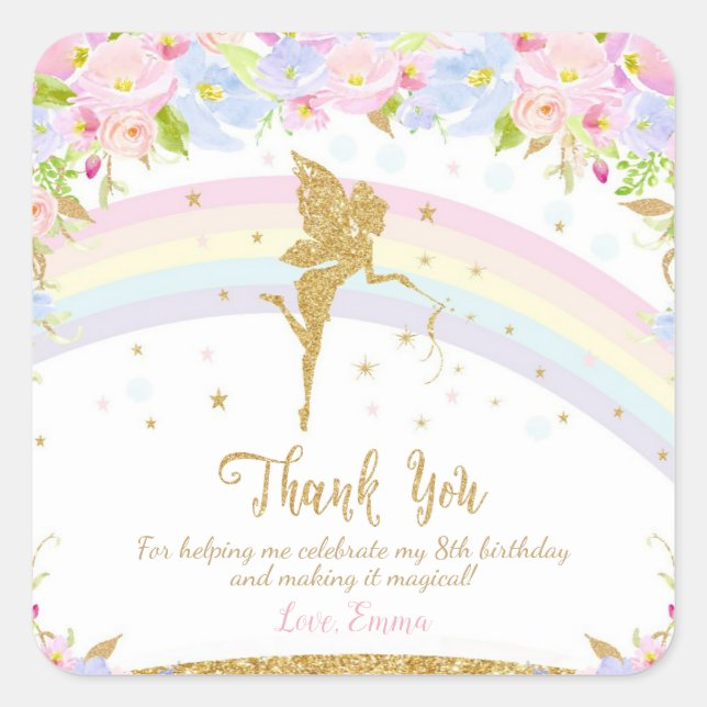 Rainbow Fairy Birthday Party Thank You Favor Square Sticker (Front)
