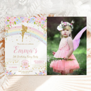 Rainbow Fairy Floral Birthday Party Photo Picture Invitation