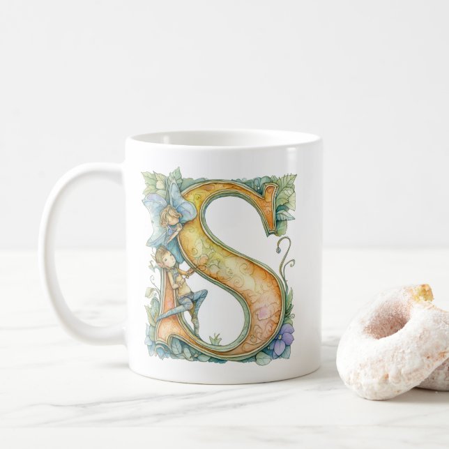 Rainbow Fairy Initial 'S' Coffee Mug (With Donut)