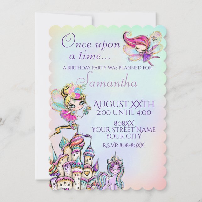 Rainbow Fairy Princess and Unicorn Invitation (Front)