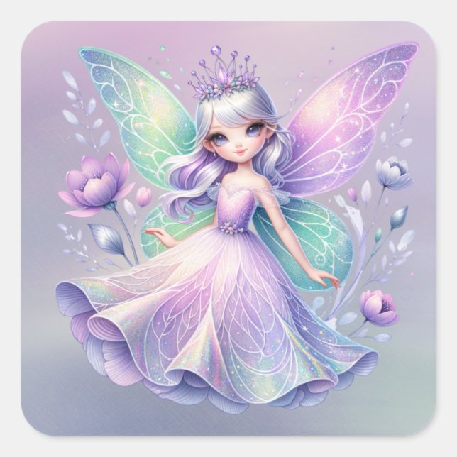 Rainbow Fairy Princess With Peony Floral Girl’s Square Sticker (Front)
