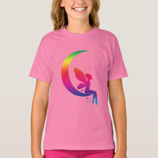 Rainbow Fairy Sitting on the Moon Among the Stars T-Shirt