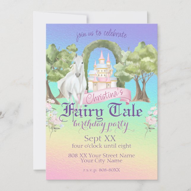 Rainbow Fairy Tale Castle White Horse Watercolor Invitation (Front)