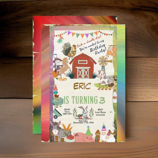 Rainbow Farm Animals Toddler Personalise Invitation (Creator Uploaded)