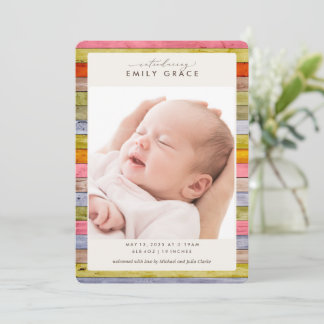 Rainbow Farmhouse Woodgrain Birth Announcement