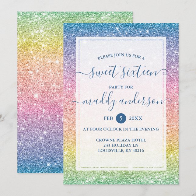 Rainbow Faux Glitter Elegant Sweet 16 Birthday Invitation (Front/Back)