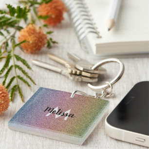 Rainbow Faux Glitter Pattern Initial Key Ring
