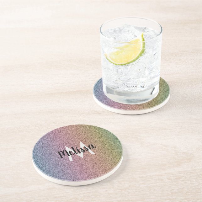 Rainbow Faux Glitter Pattern Initial Name  Coaster (Side)