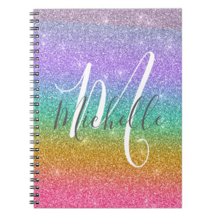 Rainbow Faux Glitter Personalised Monogram Name Notebook