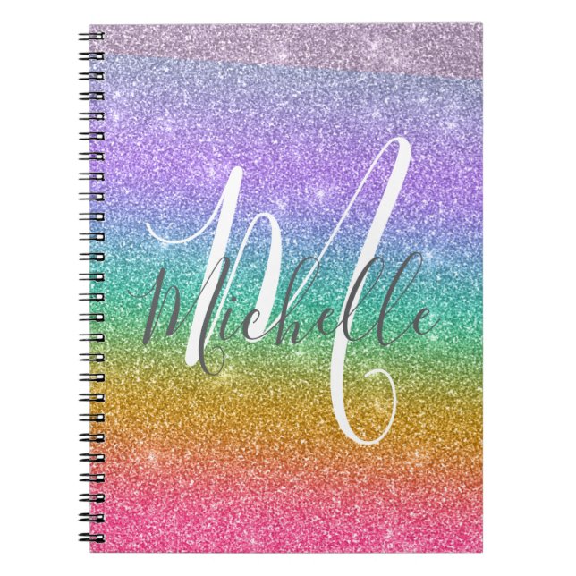 Rainbow Faux Glitter Personalised Monogram Name Notebook (Front)