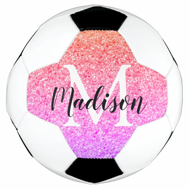 Rainbow Faux Glitter Script Monogram Personalised  Soccer Ball (Front)
